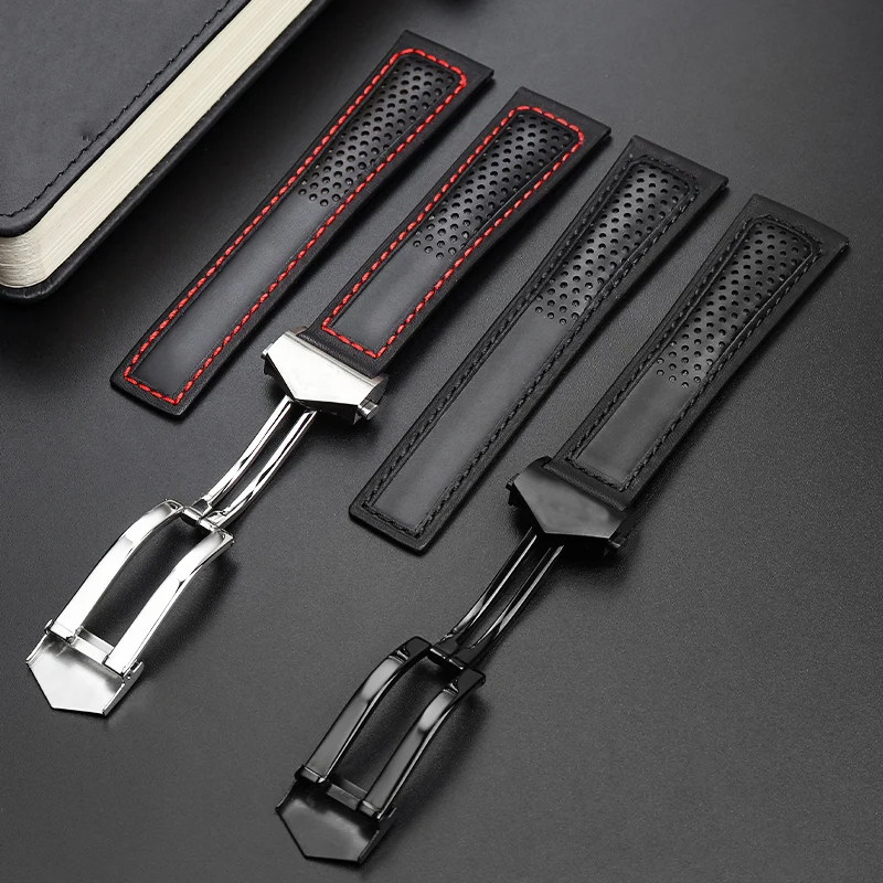 Cow Leather Watch Strap 22mm Watchband For Tag Heuer Fiyta Tissot Watch Band Red Stitches Genuine Leather Bracelet High Quality