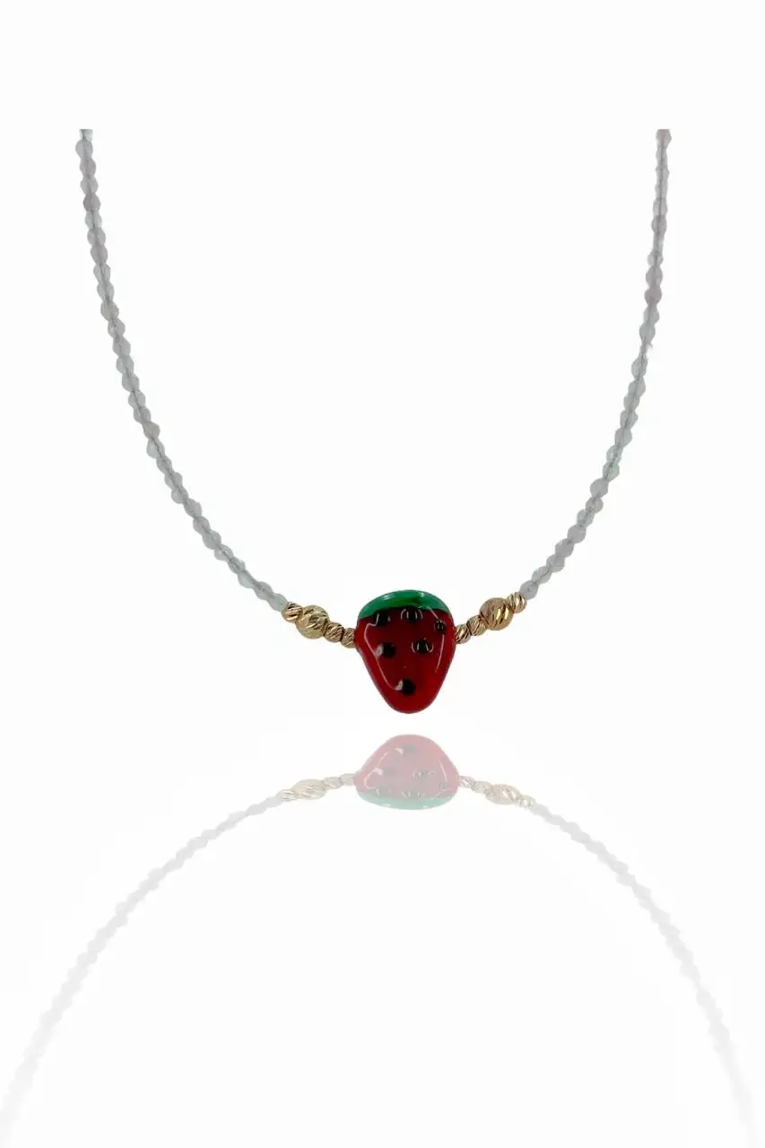 Pink Quartz Stone Glass Art Strawberry 925 Silver Necklace