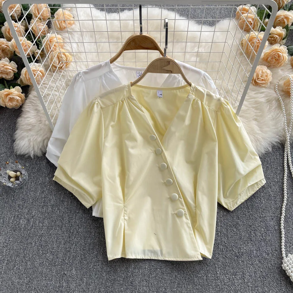

Women 2022 Spring Summer New Court Short Sleeved V-neck Short Top Mujer Solid Color Fashion Shirt Casual Blouse E092