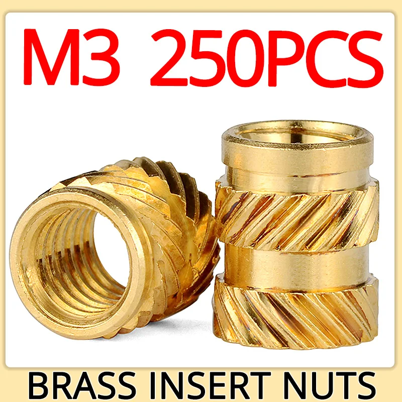 250pcs M3 Insert Brass Nut Hot Melt Knurled Thread Heat Embedment Copper Nuts Embed Pressed Fit into Holes for Plastic Case