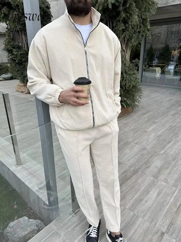 Streetwear Kurtka Dresy Mężczyźni Moda Slim Kurtki i spodnie z długim rękawem Dwuczęściowe zestawy dla mężczyzn Jesienne stroje codzienne