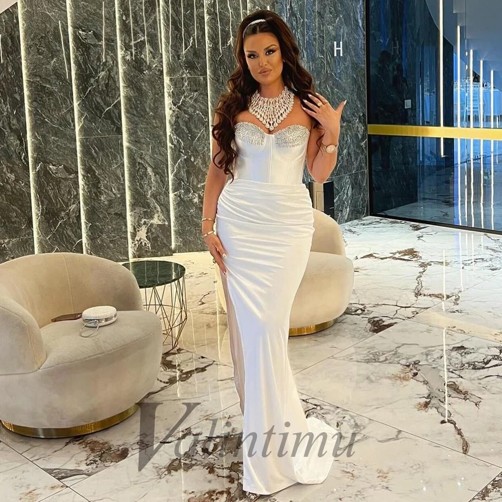 

Pageant Satin Mermaid Sexy Crystals Strapless Evening Dresses Dubai Slit Long Luxury Celebrity Personalised Vestido De Fiesta