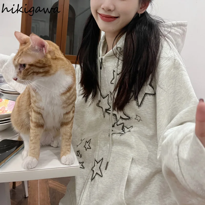 

Толстовка в стиле Харадзюку для женщин, повседневный Модный свитшот на молнии с принтом звезд, большие размеры, Y2k, топы для подростков, куртка с капюшоном