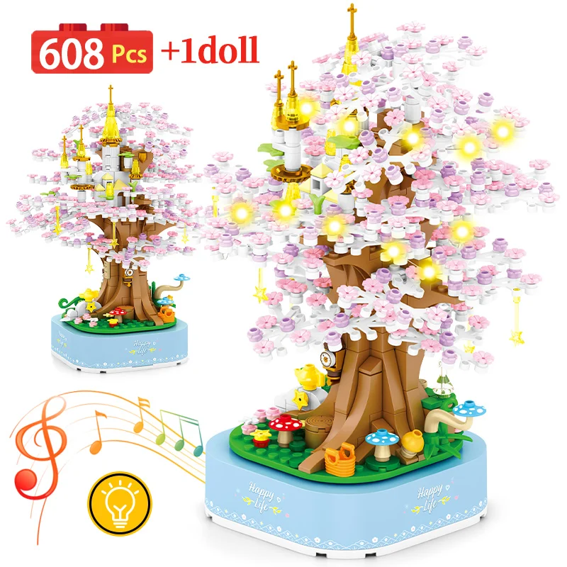 

608pcs City Friends Sakura Tree Rotating LED Light Music Box Building Blocks Home Furnishings Figures Bricks Toys For Kids Gifts