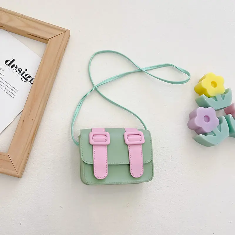Contrast Color Children's Small Square Shoulder Bag Cute Baby Girls Messenger Bags PU Leather Kids Boys Mini Coin Purse Handbags