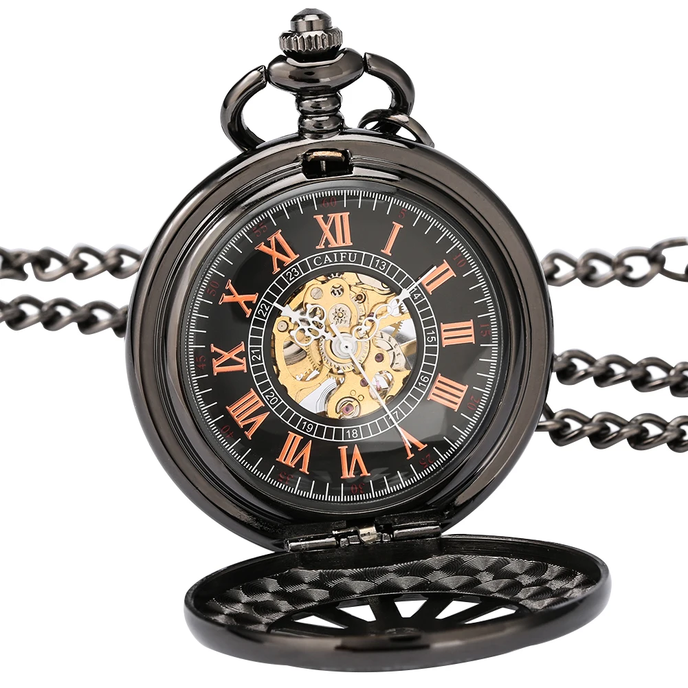 Vintage Black Hub Skeleton Mechanical Hand Winding Pocket Watch Fob Chain Rose Gold Roman Numerals Display Retro Manual Clock