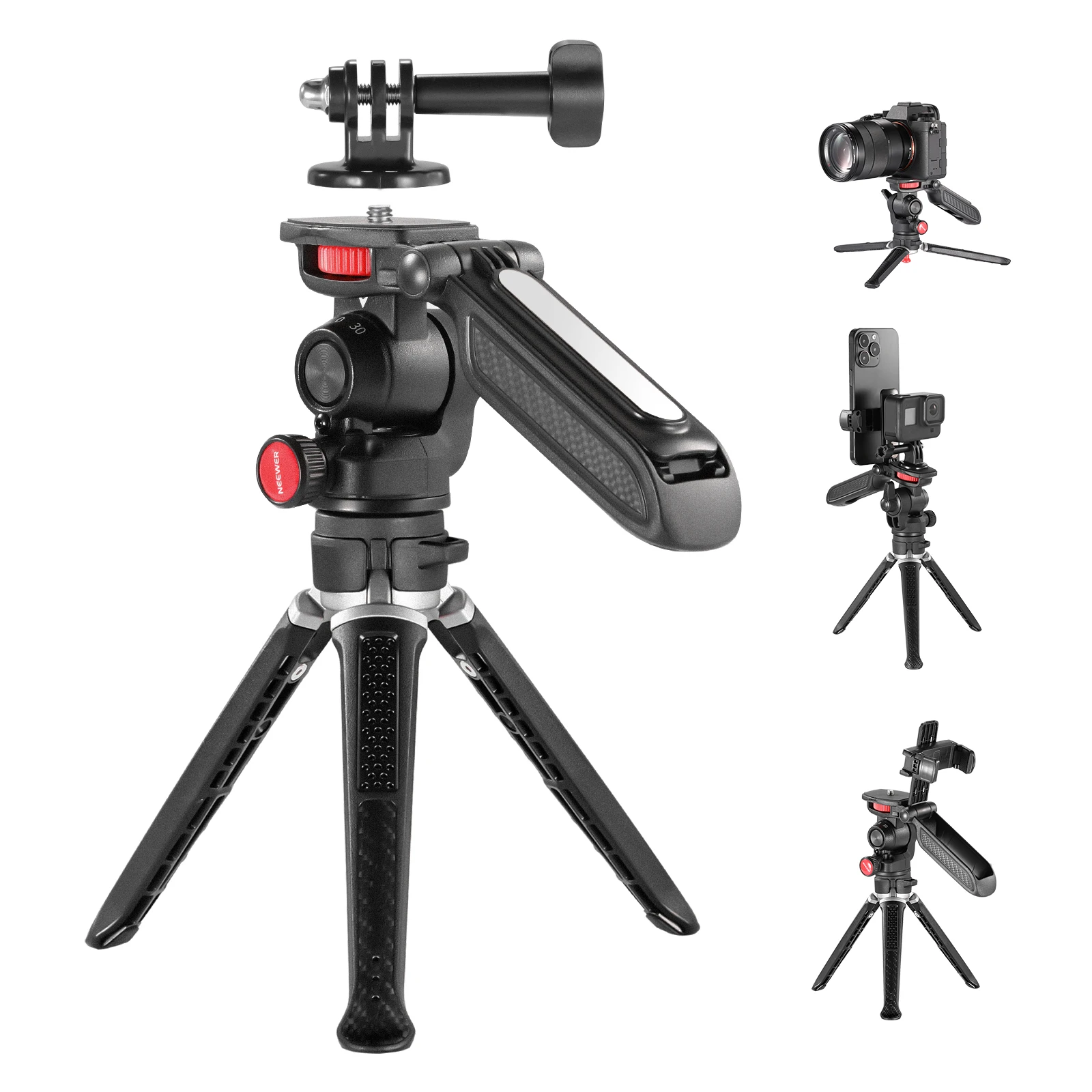 

NEEWER Mini Tripod for Camera and Phone with Handle/Phone Holder/Action Camera Adapter/360° Pan & Tilt, Vlog Selfie Stick