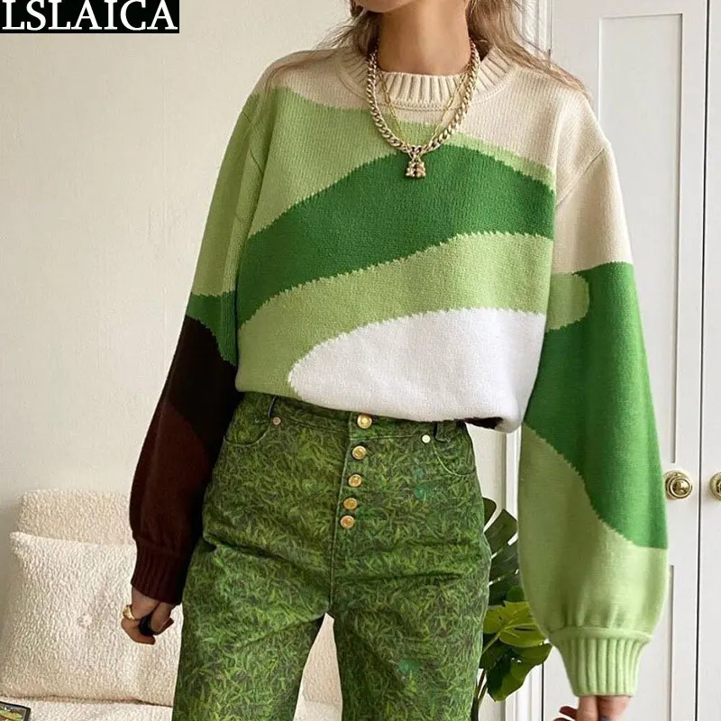 

Vintage Sweater Autumn 2022 Fashion O Neck Pullovers Loose Color Sweater Casual Long Sleeve Top Korean Sweater Chic Dropshipping