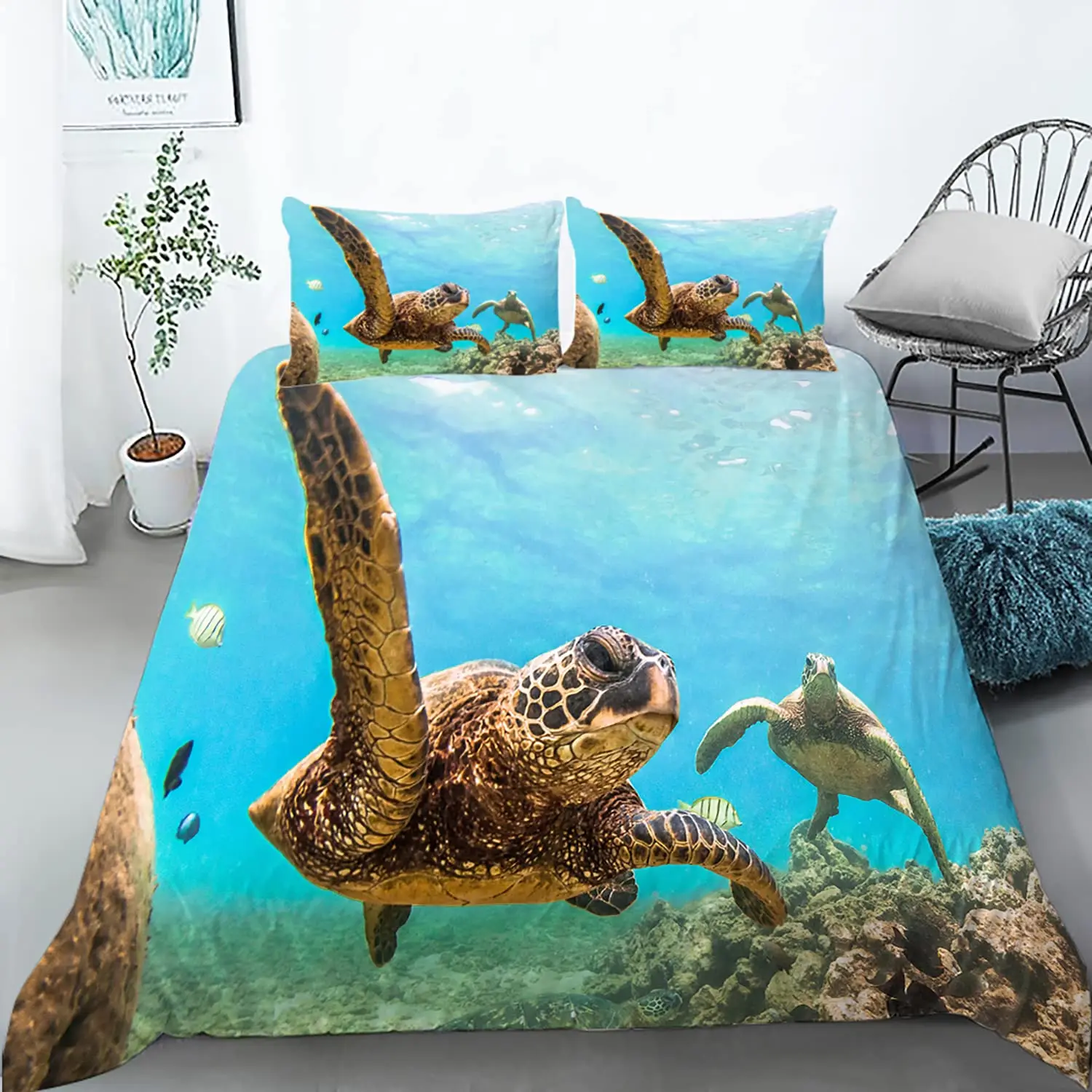 

Sea Turtle Duevt Cover Set King Size Ocean Turtle Themed Comforter Cover for Teens Boys and Girls Soft Polyester Quilt Cover