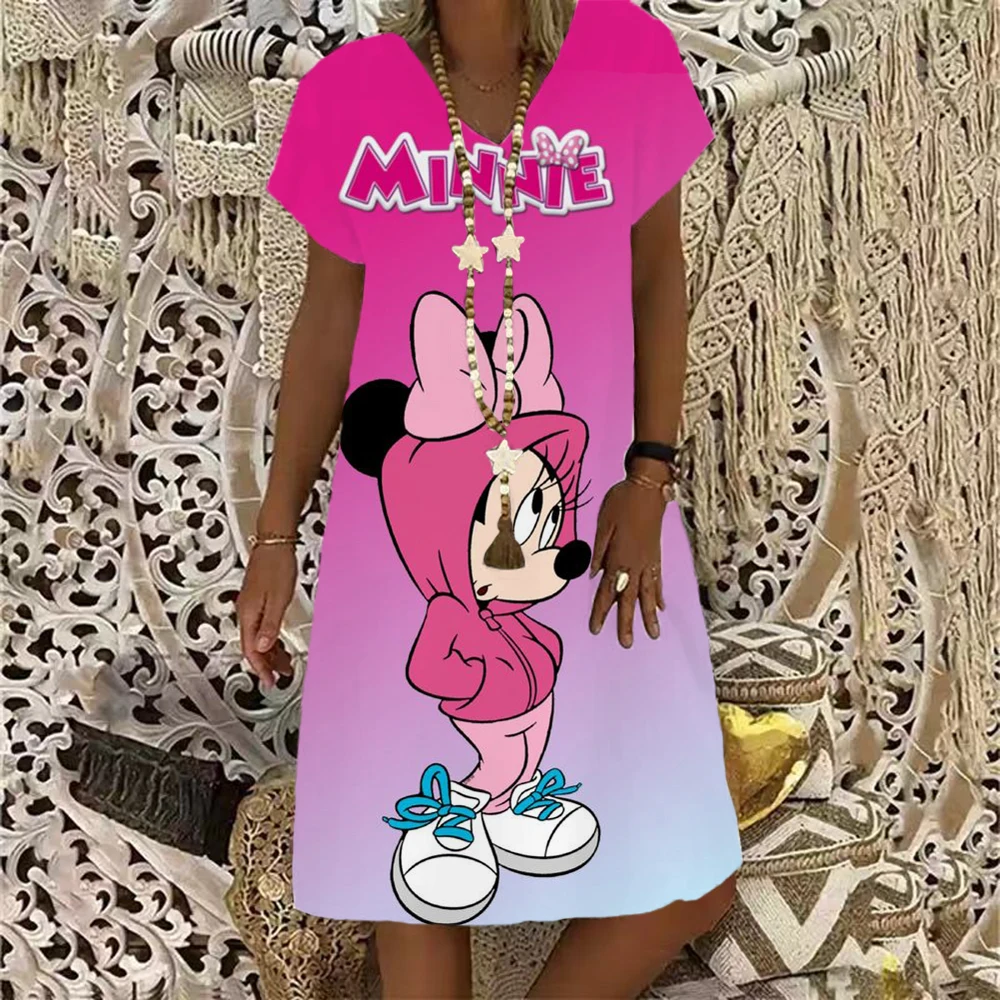 

Летнее элегантное женское платье с принтом Минни Микки Маус и V-образным вырезом