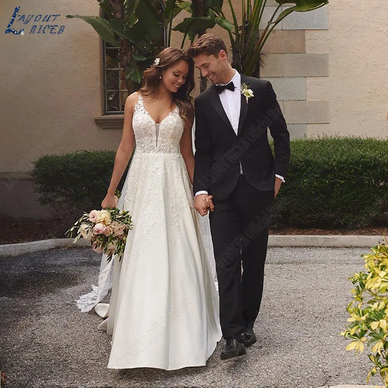 

Женское свадебное платье-трапеция с V-образным вырезом Свадебные платья для женщин A Line V Neck Свадебные платья для невесты без спины Гражданские платья с аппликациями Атлас Кружевное элегантное платье для невесты