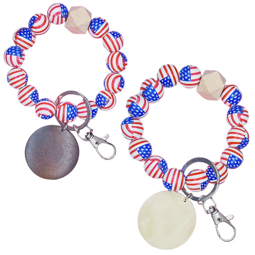 

Patriotic Keychain Wristlet with Key Tag Red White Blue Bubblegum Bead Key Chain Proud American | 4th of July Flag Wristlet