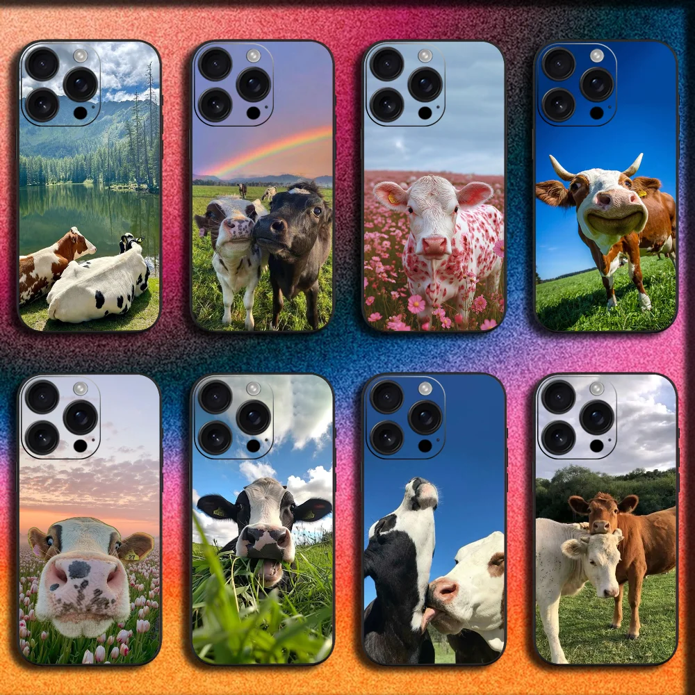 Фото Чехол для телефона Lovely Cute Cow Cows OX для iPhone 16,15,14,13,12,11, Pro, XS, Max, XR, Plus, E, Mini, мягкий черный чехол №1