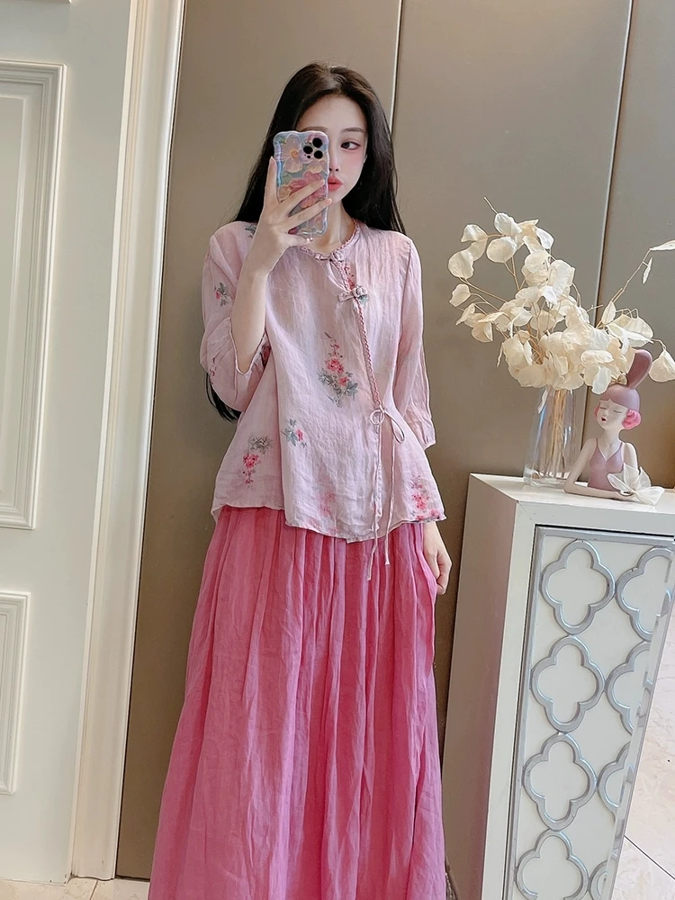 Chinese Zen Ramie Print Shirts Women Summer Loose Casual Shirt Retro Buckle Lace-up Cotton and Linen Tea Clothes Top