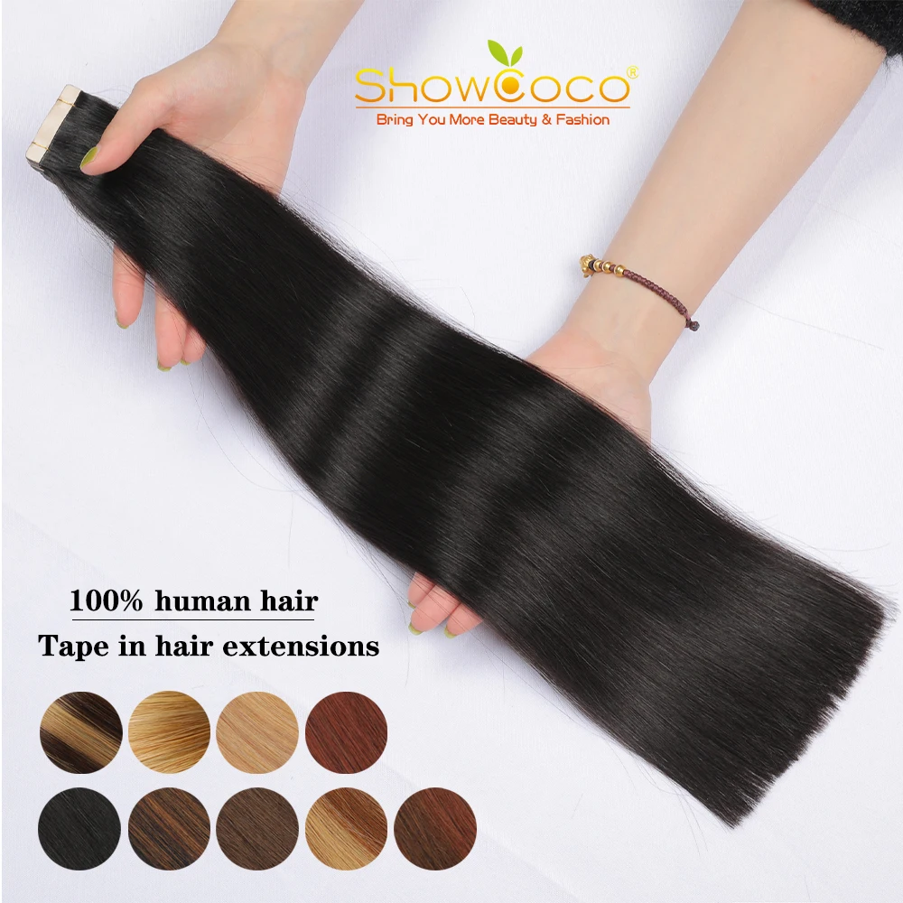ShowCoco Tape In Human Hair Extension 100% Real Hair Ombre Color Natural Machine-Made Remy 14-24 High Density