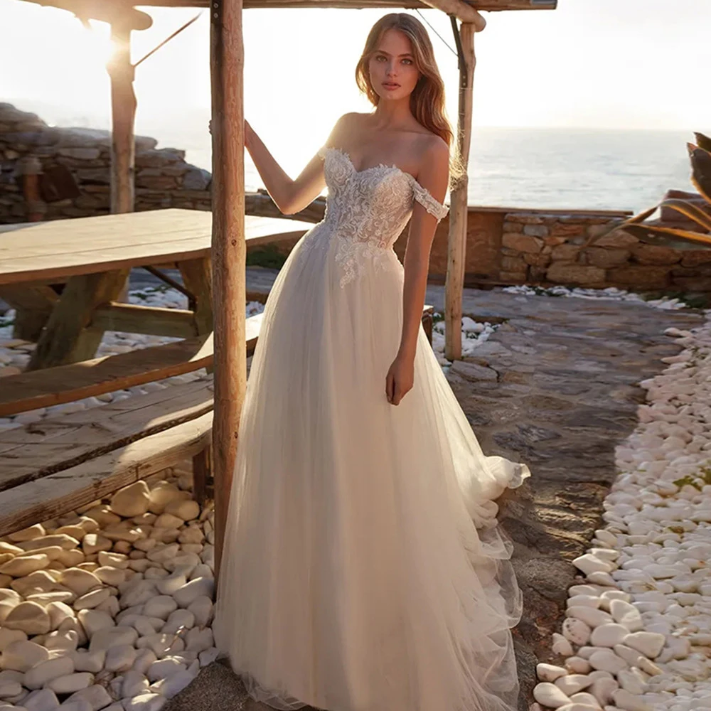 

Off The Shoulder Sweep Train Boho Wedding Dress For Women Sweetheart Fairy Lace With Appliques Beach Bridal Gown 2022
