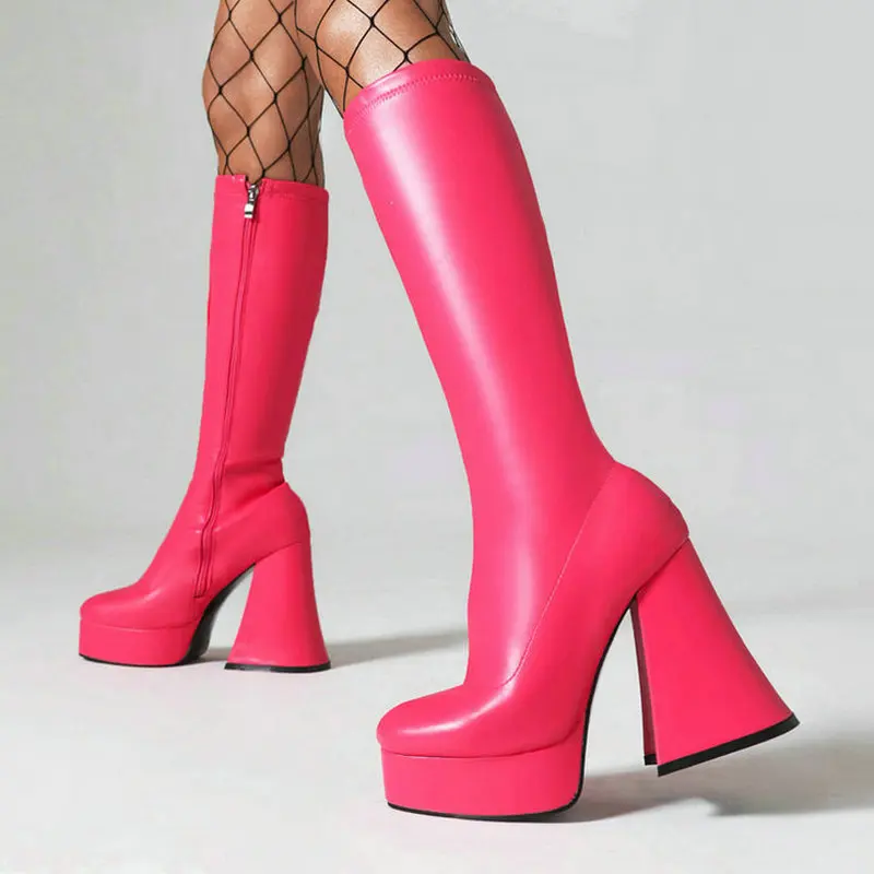 

Женские сапоги до колена на платформе, сапоги из искусственной кожи на высоком устойчивом каблуке, с круглым носком и боковой молнией, 2024