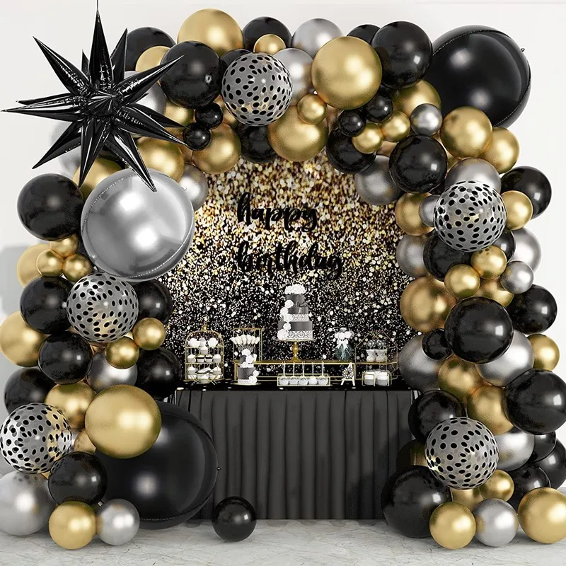 

Black Gold Silver Balloons Garland Arch Kit With Explosion Star Foil Ballon for Happy New Year Birthday Party Decoration Globos