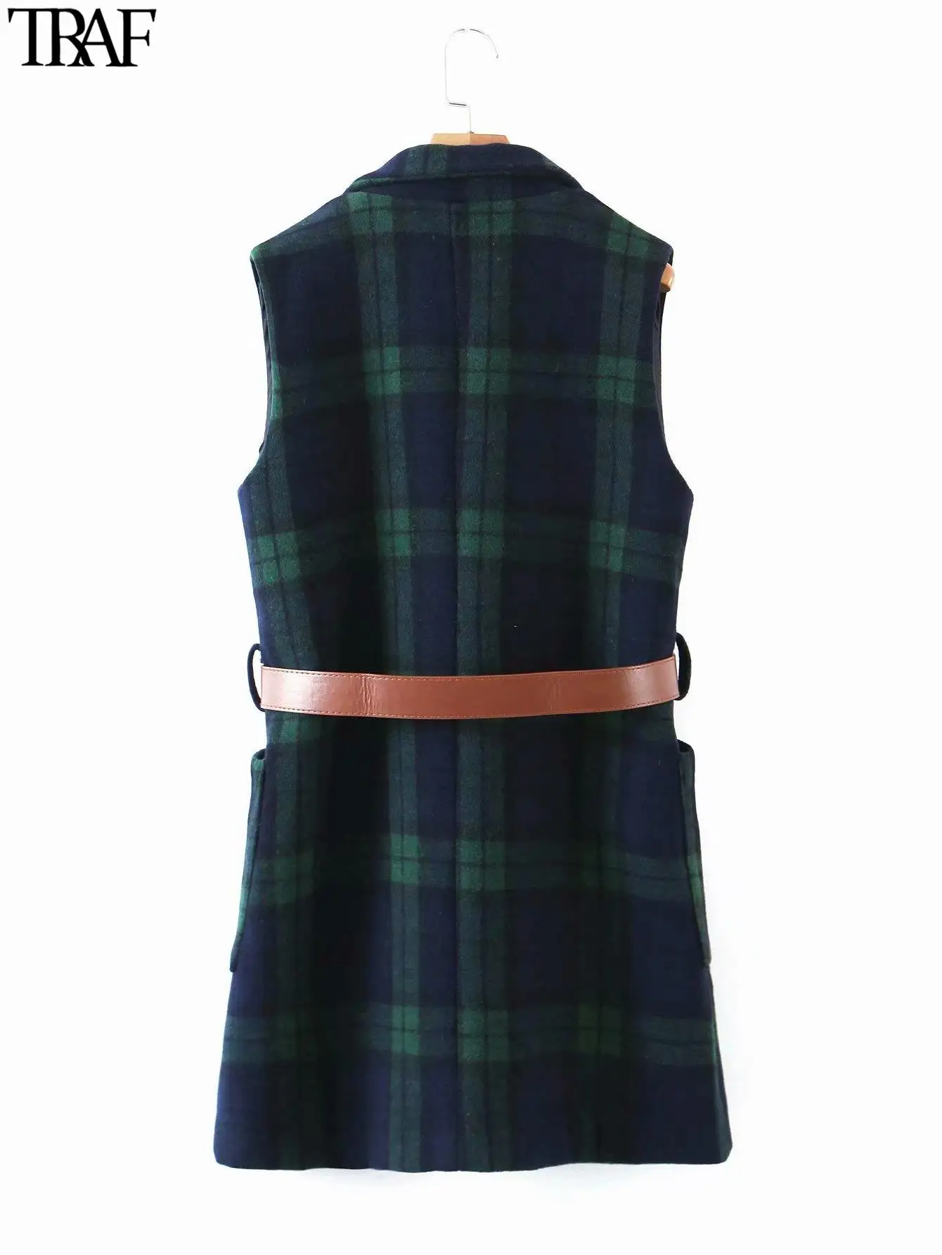 Куртка женская осенняя клетчатая без рукавов с открытым стежком и накладными