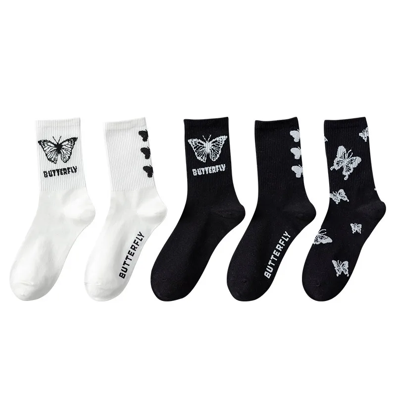 5 Pairs of Women's Mid Length Stockings Set in  Black And White With Butterfly Pattern Popular and versatile Sweat Absorption