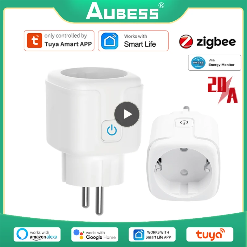 

Tuya ZigBee Smart Plug 20A EU Plug Wireless Remote Socket Smart Timer Plug Voice Control Fire Retardant PC Smart Power Socket