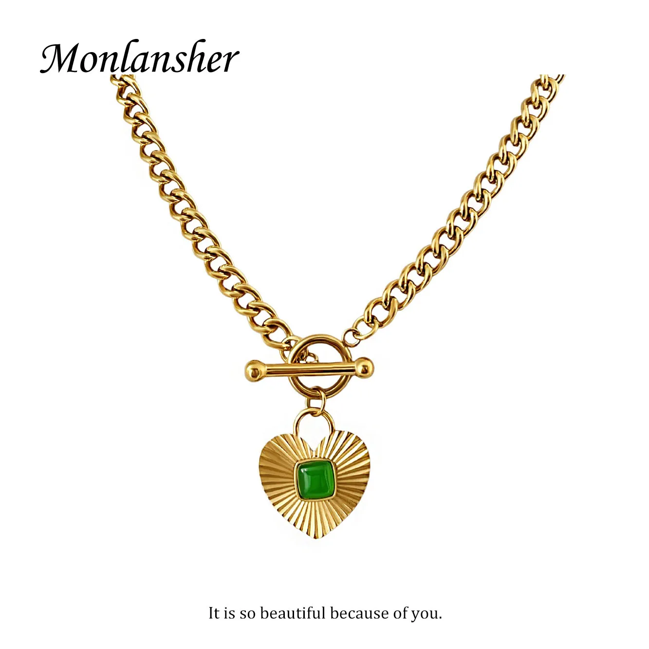 

Dainty Green Resin Sunburst Heart Charm Toggle Necklace Lady Gold Silver Color Stainless Steel Thick Chain OT Clasp Necklaces