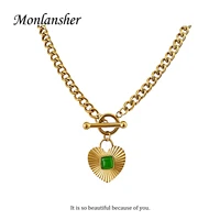 dainty green resin sunburst heart charm toggle necklace lady gold silver color stainless steel thick chain ot clasp necklaces