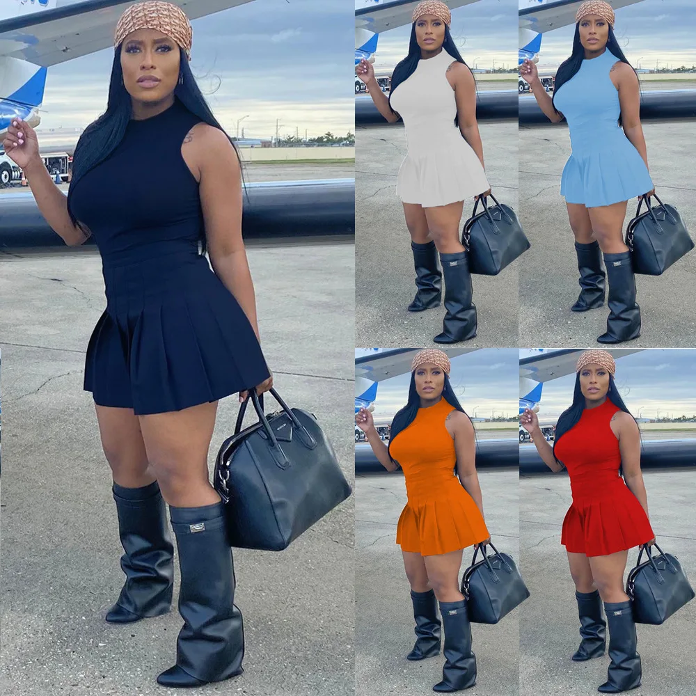 

Summer Outfits for Women 2022 Fashion Casual Solid Round Collar Pleated Slim Tank Pants Skirt Sports Sexy 2 Piece Outfits