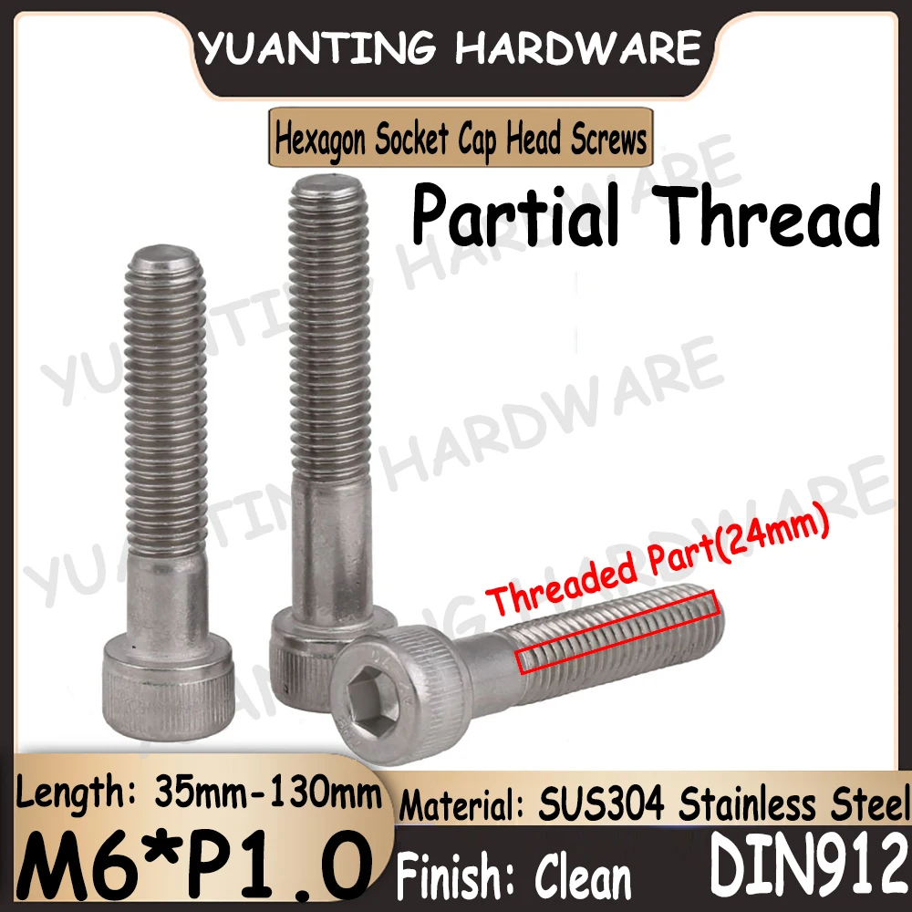

3Pcs-10Pcs M6*P1.0 DIN912 SUS304 Stainless Steel Hexagon Socket Knurled Cap Head Screws Cap Head Bolts with Partial Thread