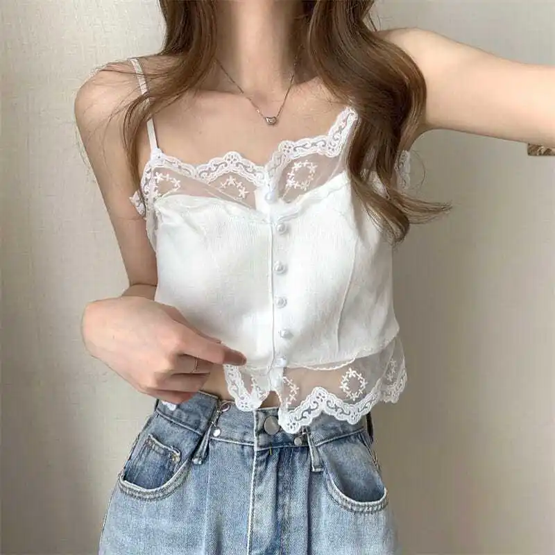 

Camisole Women Patchwork Lace Design Fashion Preppy Style Sweet Students Sexy Lady Summer Cozy Lightweight Girlish Chic Cropped