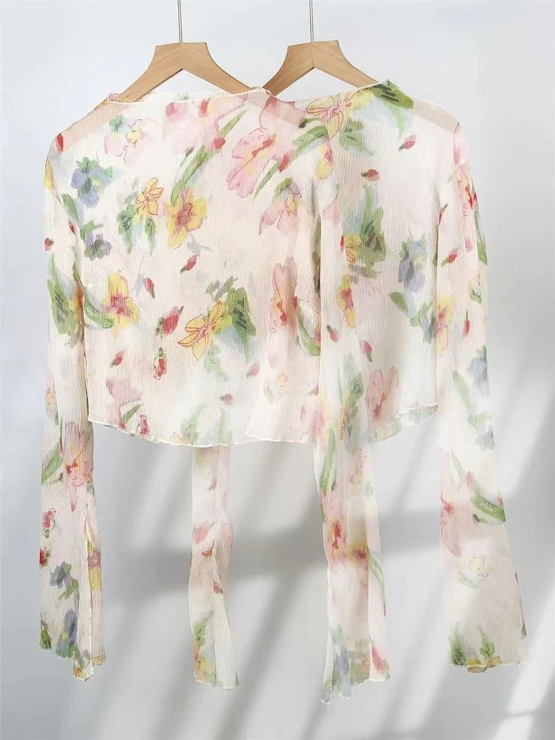 Корейская шифоновая короткая блузка с цветочным принтом элегантная женская