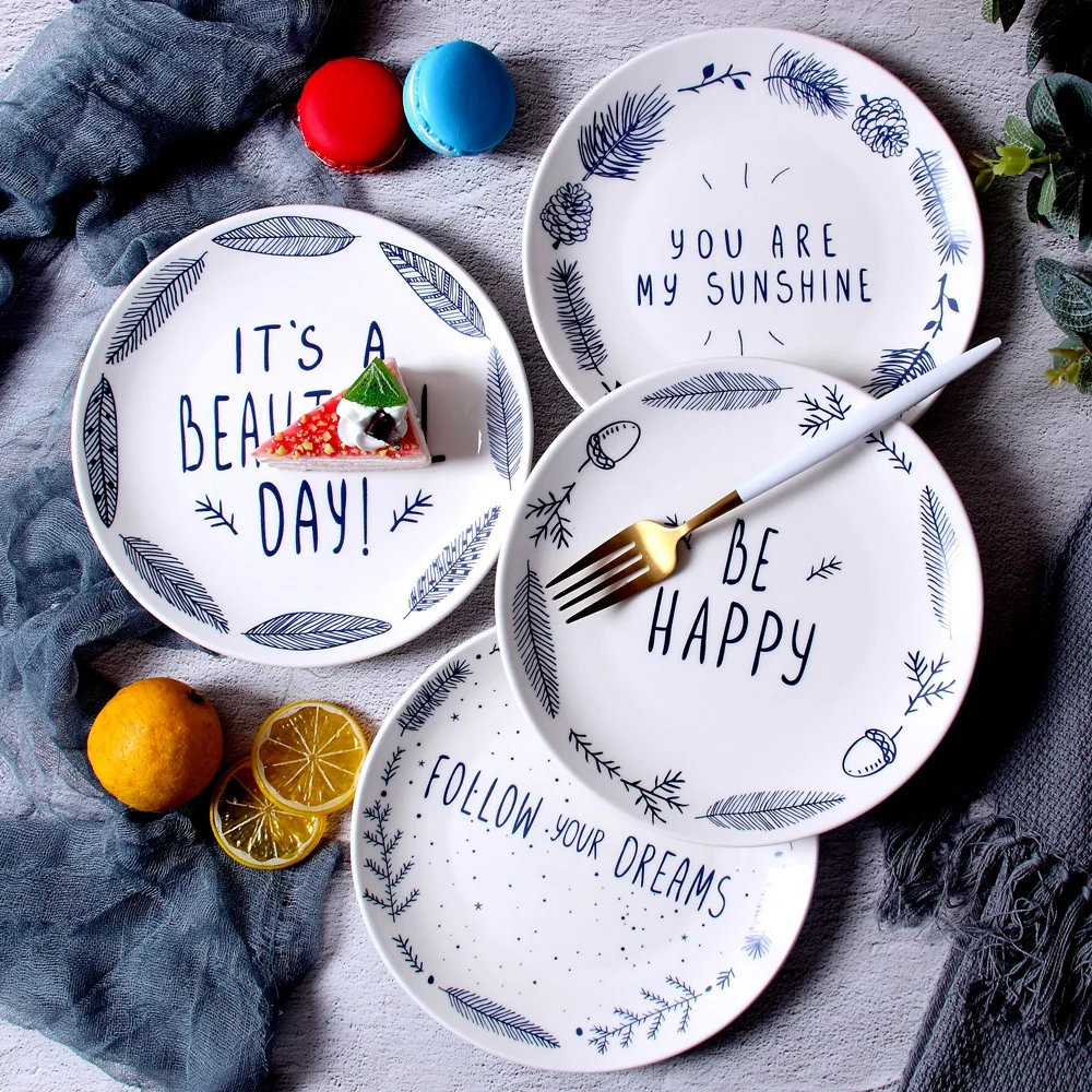 

4PC 8inch Dinner Plates Ceramic Dinnerware Letter Print Steak Western Food Tray Cake Plate Dessert Snack Serving Tableware