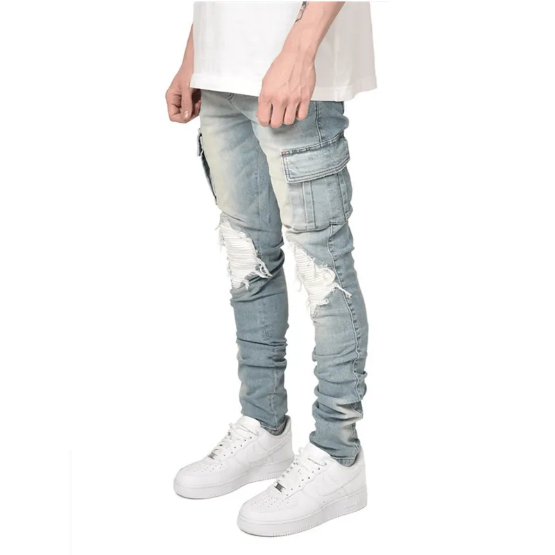 2022 New Men's Slim Jeans Hipster Multi-pocket Knee Holes Pencil Pants Streetwear Men Full Length Denim Jeans Trousers