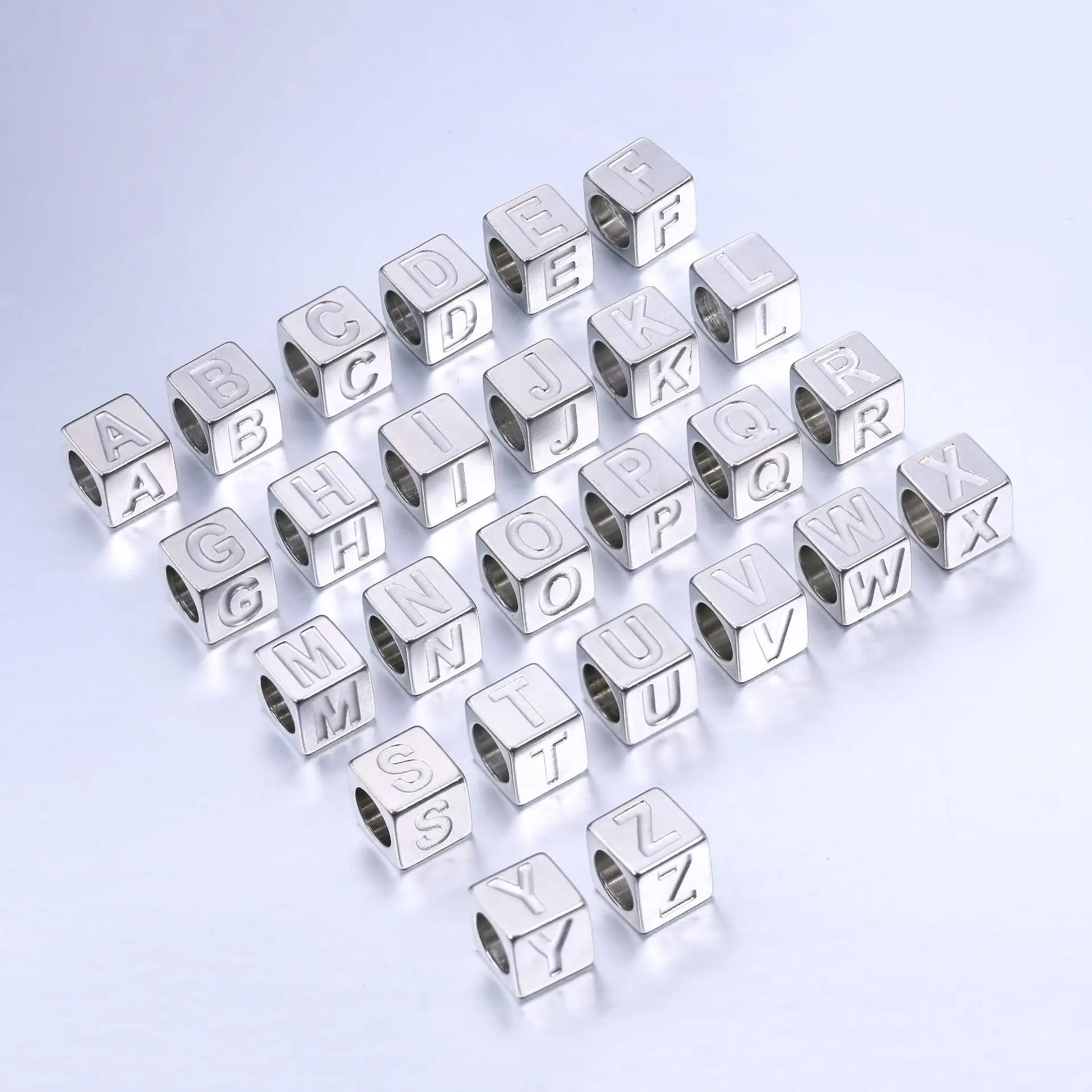 3pcs/lot Wholesale 7mm stainless steel cube perforated beads 26 alphabet square beads DIY necklace bracelet eyelet beads