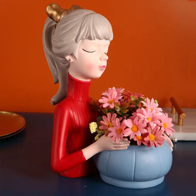 

Nordic Cute Girl Vase Storage Tray Resin Statues Ornament Home Livingroom Table Figurines Decoration Store Desk Sculpture Crafts