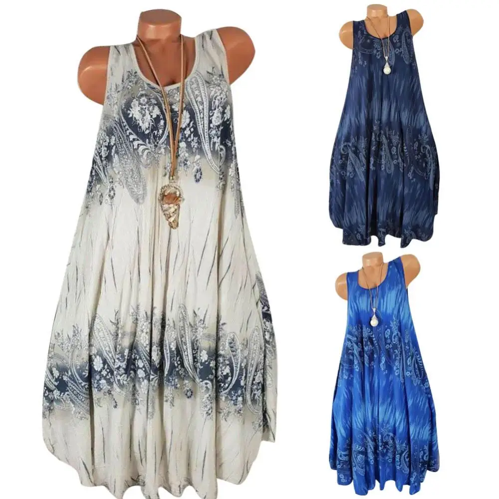 

Plus Size Women Summer Flower Print Sleeveless Round Neck Loose Shift Dress hot