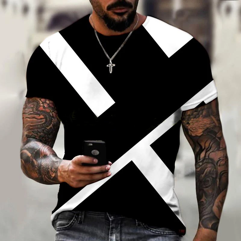 

Men's Summer Short-sleeved T-shirt Striped Cool Sports Style Design Stitching 3D Printing Simple Casual Top
