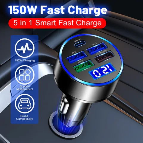 Быстрая зарядка 150 Вт, 5 портов, автомобильное зарядное устройство PD QC3.0 USB C, автомобильное зарядное устройство для телефона, адаптер типа C в автомобиле для Xiaomi Samsung iphone Huawei