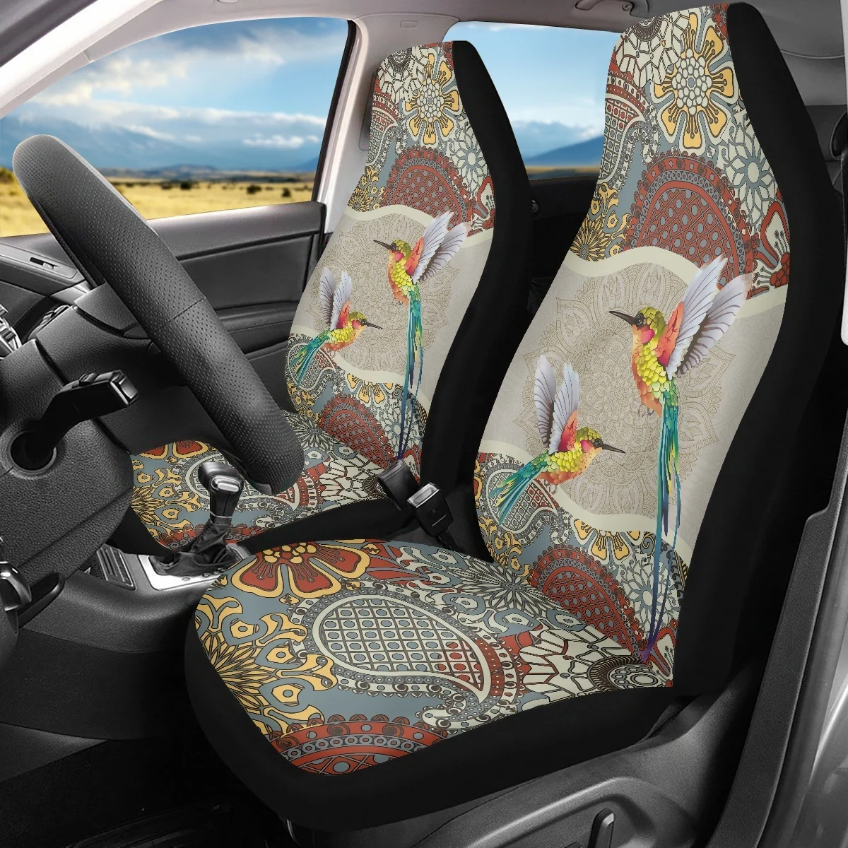 INSTANTARTS Car Accessories Hummingbird Polynesian Design 3D Pattern Auto Accessories Set of 2 Universal Front Seat Protectors 