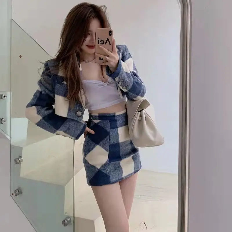 

Zipper Patchwork Plaid High Waist Mini Skirts Students Preppy Cute Korean Hot Summer Loose Sexy Elegant Woollen Sets