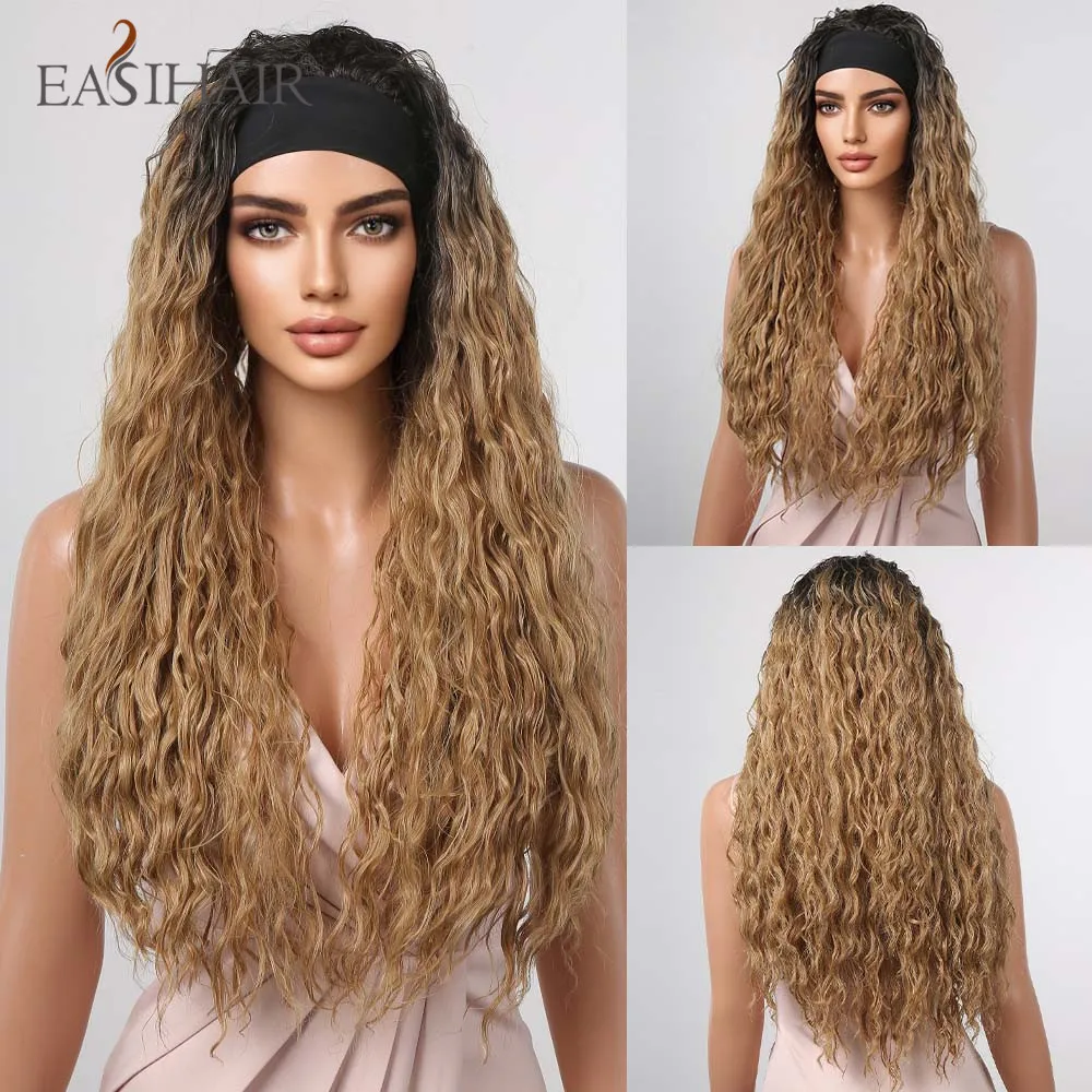 

EASIHAIR Headband Synthetic Wigs Long Brown Golden Kinky Curly Wavy Headband Wigs for Black Women Daily Cosplay Heat Resistant