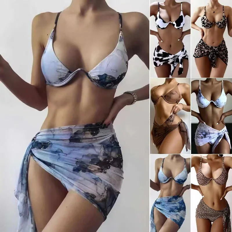 

2023 New Sexy Marble Bikini 3-piece Set Female Swimsuit Summer Printing Women Swimwear Brazilian Bathing Suit Beach Wear Biquini