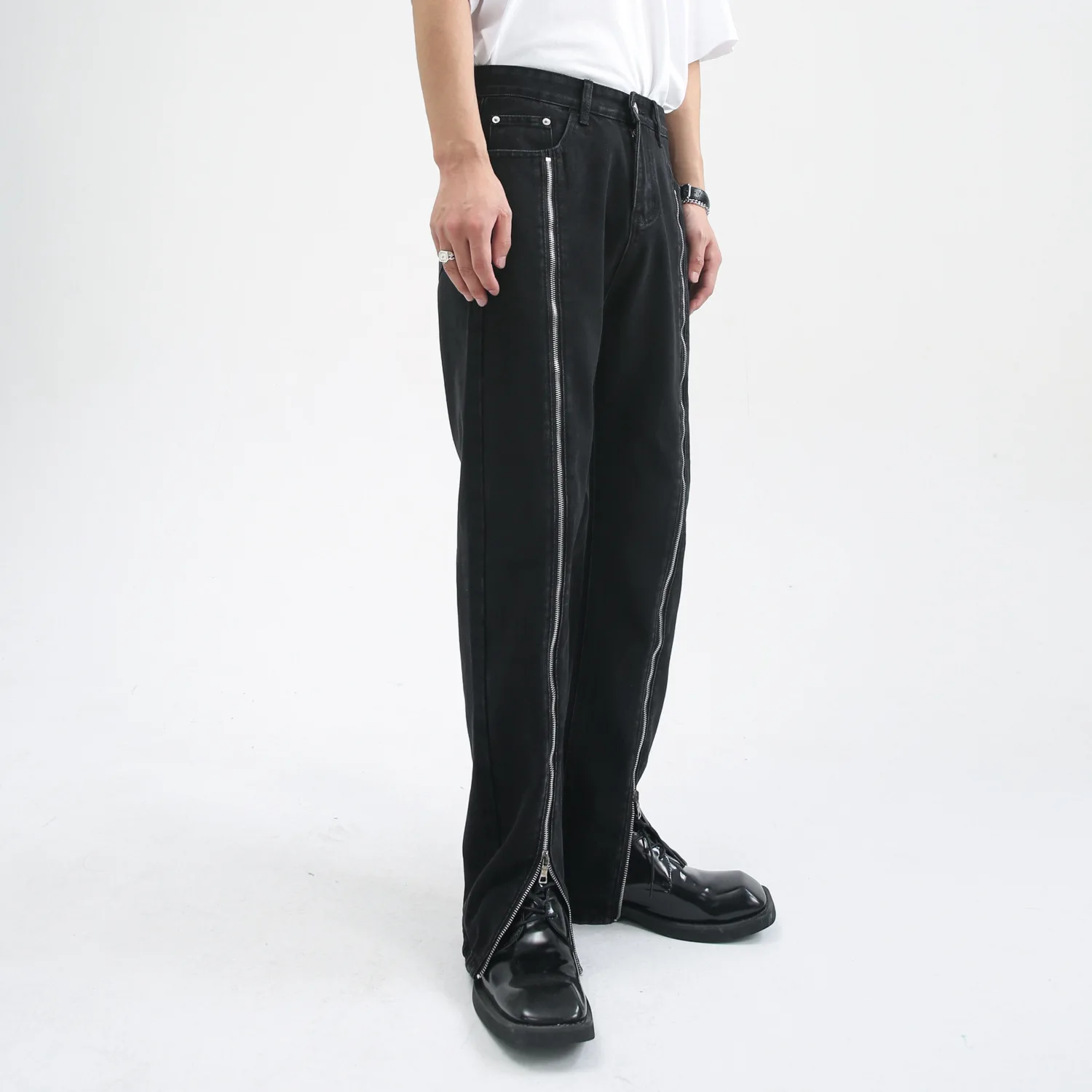 Four Seasons Black Jeans Hip Hop Zipper Design Korean Straight Loose Casual High Street Jeans Y2k Jeans Streetwear Ins Hot Sale