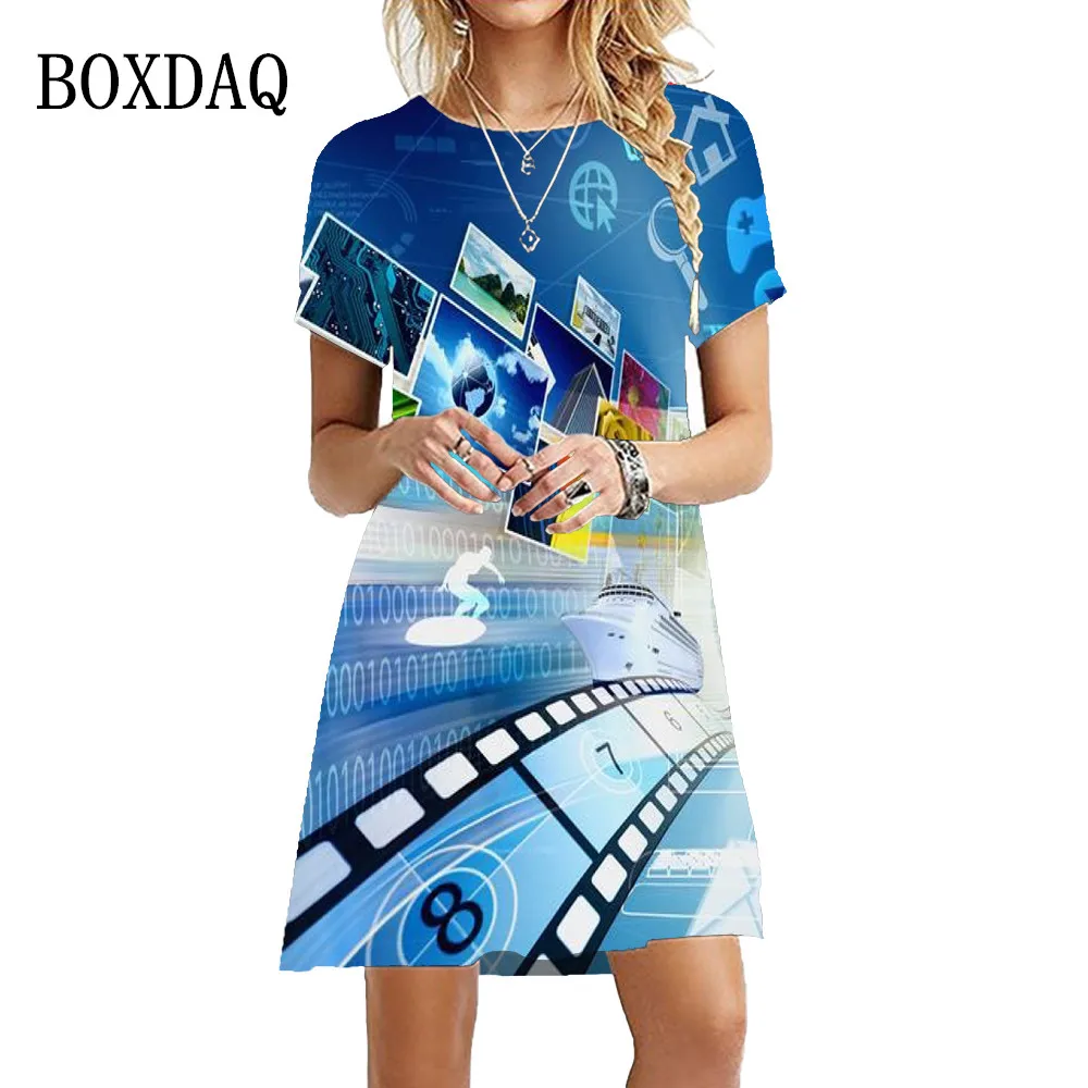 

2023 New Summer Dresses Women Modern Science Technology Digital Trend Dress Short Sleeve Round Neck Oversize Dress Loose Clothes