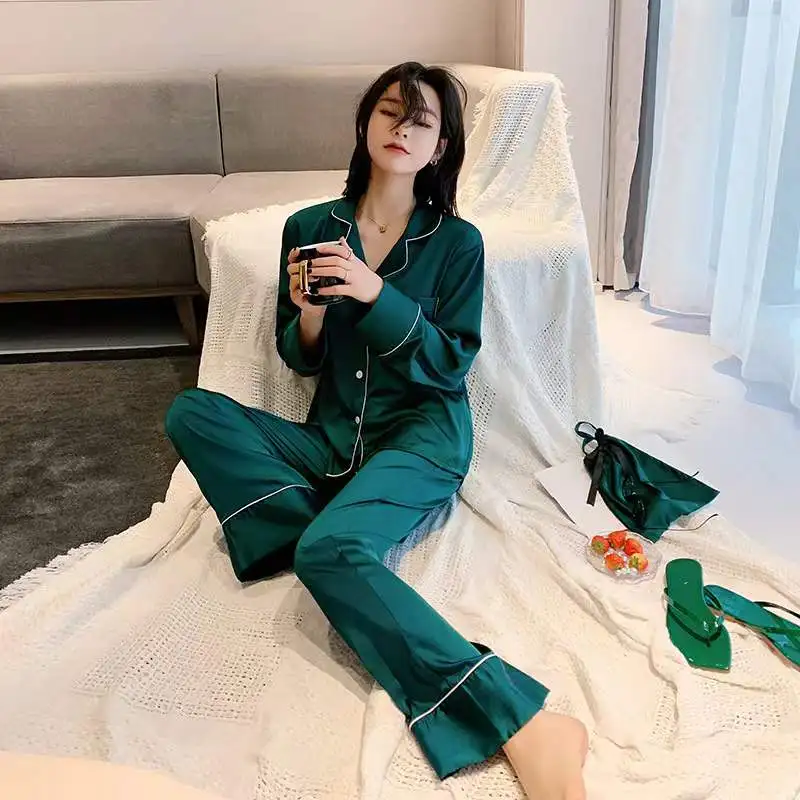 Pajamas Lady Autumn Ice and Snow Silk Women's Pajamas Long Sleeve Pants Set Home Costume Solid Casual Comfort Sleepwear