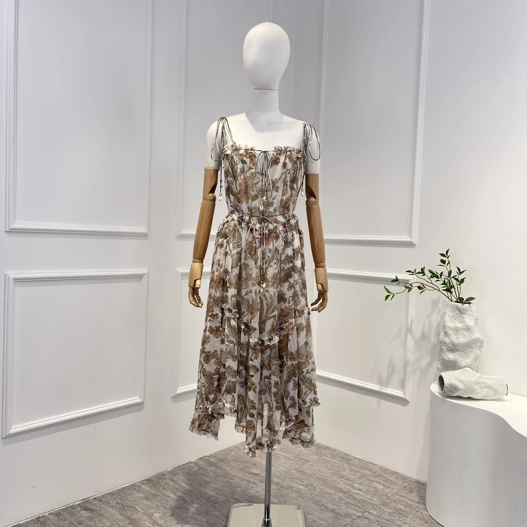 

Женское винтажное платье миди без рукавов, платье с цветочным принтом и оборками, на шнуровке, Новинка лета 2023