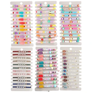 12 Pcs Boho Acrylic Bear Letter Bead Polymer Clay Fruit Star Shell Charms Braided String Bracelet For Women Couple Jewelry Gifts