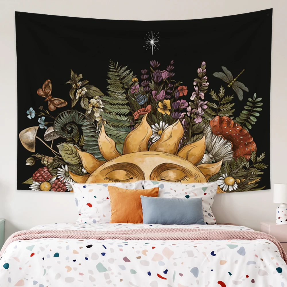 

Vintage Sun Aesthetic Tapestry Wall Hanging Botanical Celestial Floral Background Hippie Flowers Boho Dorm Decor Starry Carpet