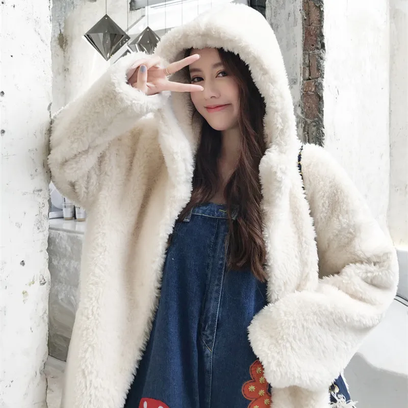 Зимние толстые теплые зернистые кашемировые шубы женские молочно-белые длинные