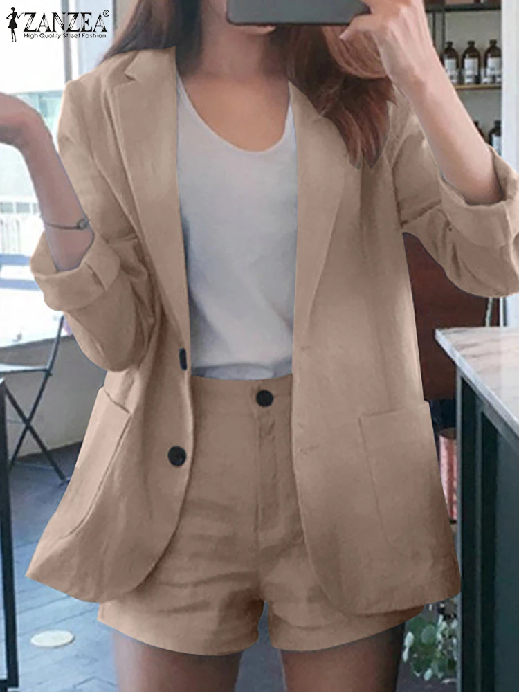 

ZANZEA Stylish Cotton Suit Blazer Thin Korean Summer Spring Two Piece Sets Casual Outfit Women Soild Shirt Blouse And Shorts Set